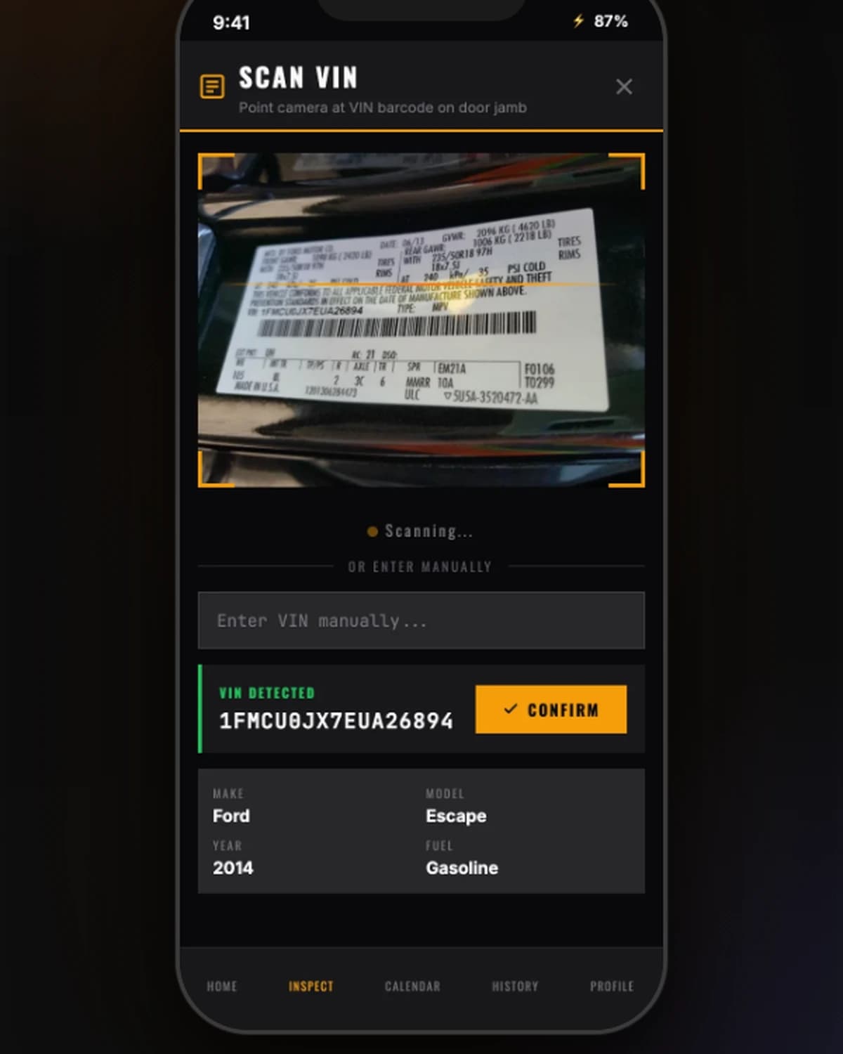VIN scanner — point camera at windshield