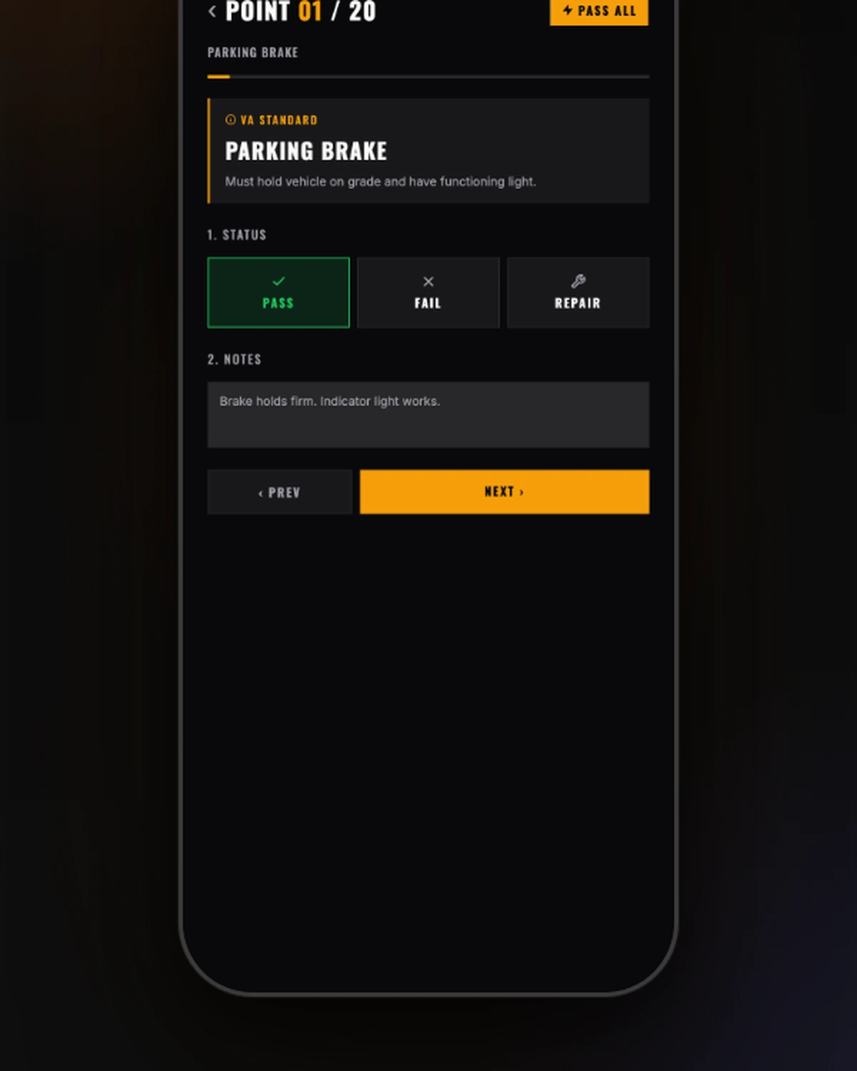 Checklist — Pass, Fail, or Repair options