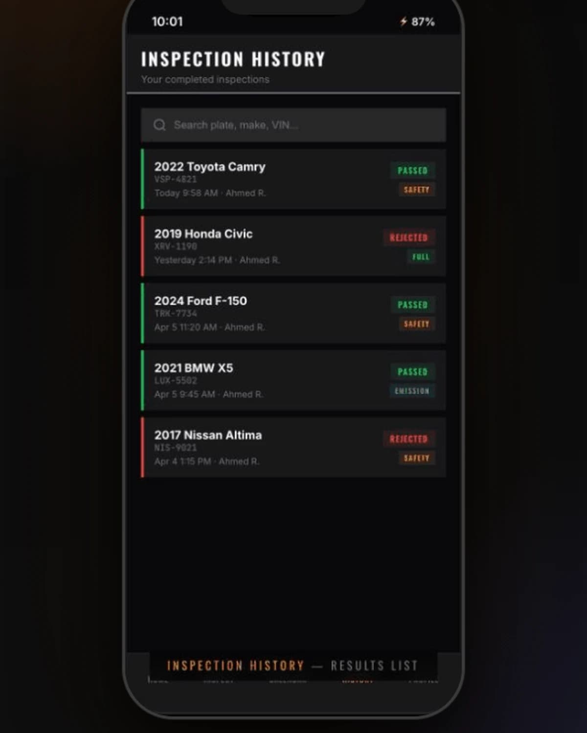 Searchable inspection history with color-coded results