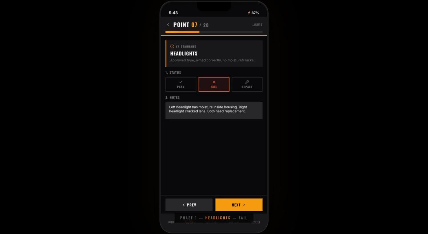 Inspect Pro inspection checklist on a phone showing a failed headlight check with photo evidence attached